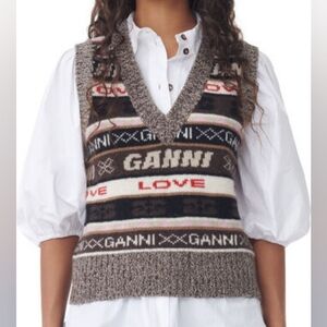 Ganni Brown Logo Wool Mix Vest Size xs   Shaved Chocolate